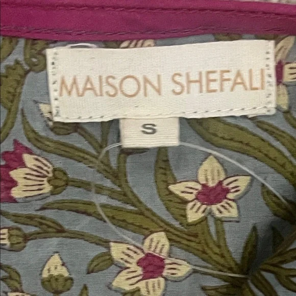 Maison Shefali Hand Block Print Dress - Small - Blue/White/Green Floral - Picture 10 of 11